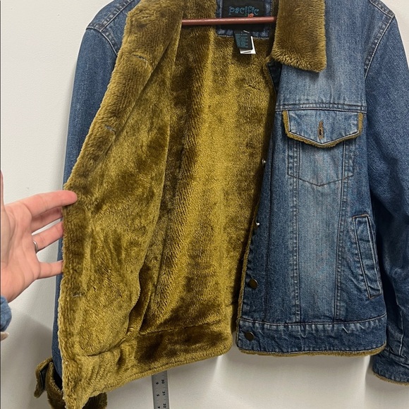 Faux Fur Lined Denim Jacket pacific rose Classic Vintage blue Jean women’s L Y2K - Picture 3 of 9